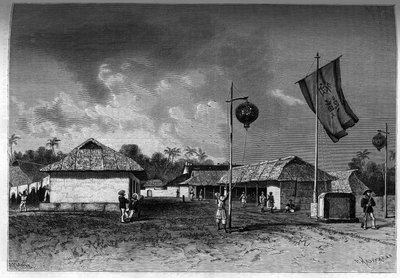 Franciaország Indokínában: francia katonai állomás Hue fellegvárában, Indokína fővárosában. Metszet a „Le journal de la jeunesse”-be alkotó: Unknown artist
