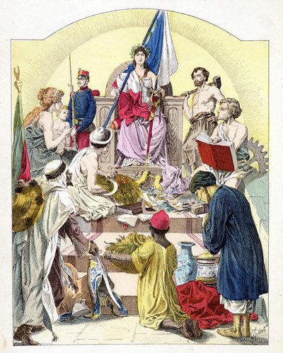 Franciaország, Marianne vonásai alatt, megszemélyesített kolóniáival körülvéve - a „Histoire de France”-ban, E. Grobet c. 1915 alkotó: Unknown artist