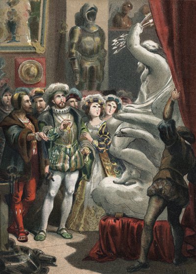 I. Francois (1494-1547), francia király Benvenuto Cellini (1500-1571) olasz szobrász 1881-es metszetén Juan Justo Huguet „A szépség kultusza” című művében, Molinas Hermanos szerkesztők alkotó: Unknown artist