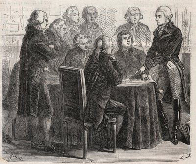 Francia forradalom: Louis Marie de Narbonne-Lara gróf (Narbonne Lara) (1755-1813) bemutatja terveit a közgyűlés bizottságaiban - Metszet „A jeles világba” alkotó: Unknown artist