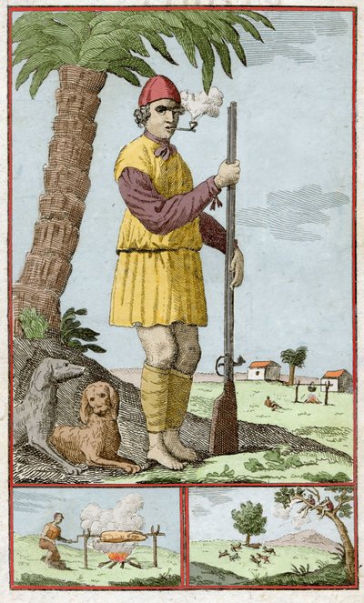 Francia bucca Santo Domingo-ból (Haiti). Alexandre Olivier Exquemelin (1645-1710) vésése „Az Indiában jelentett kalandorok és buktatók története” című könyvébe. alkotó: Unknown artist