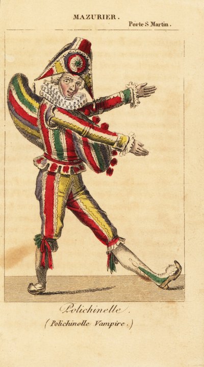 Charles-Francois Mazurier francia képregény-táncos és pantomimművész Polichinello szerepében Theodore de Banville-től a Polichinelle vámpírban a Theater de la Porte Saint-Martinban alkotó: Unknown artist