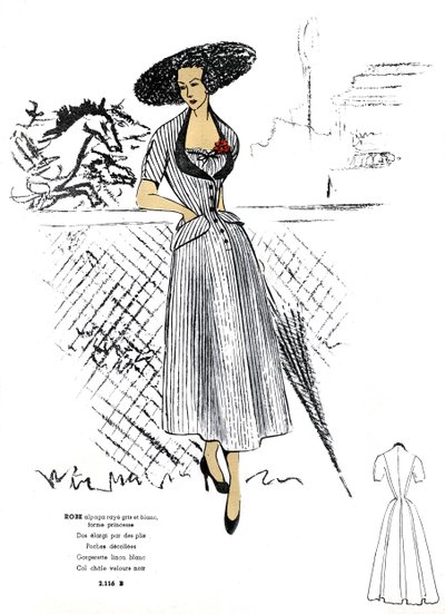 Francia divat, csíkos alpaka ruha design. alkotó: Unknown artist