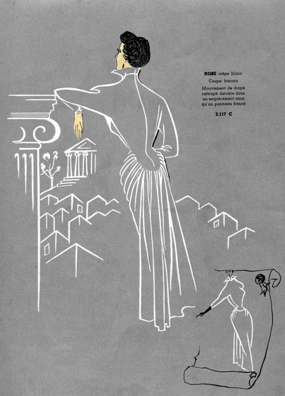 Francia divat, fehér krepp ruha design. alkotó: Unknown artist
