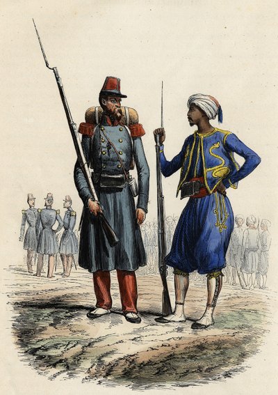 Francia katonai egyenruha: Bal oldalon egy idegenlégió alakult, amelyet 1831-ben Algériába küldtek. Jobb oldalon bennszülött lovasok, akiket 1841-ben képeztek ki és küldtek Algériába. In L