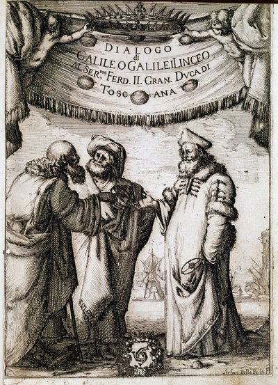A „Párbeszéd a világ két nagy rendszeréről” (dialogo sopra i due massimi sistemi del mondo) frontispice VIII. Urban pápa megbízásából Galileo Galilei dit Galilee (1564-1642) csillagász és fizikus 1620 körül, és 1632-ben jelent meg. Ez alkotó: Unknown artist