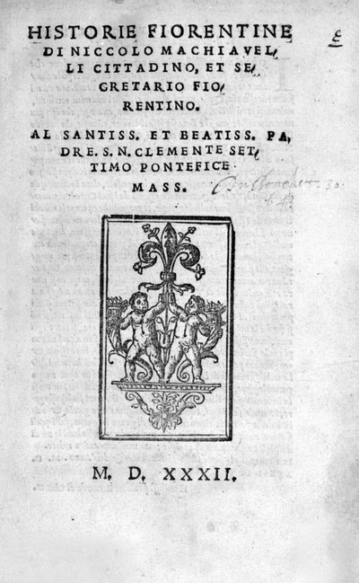 A "" Historie Fiorentine frontispice, Niccolo (Bernardo dei) Machiavelli (Nicolas Machiavel) alkotó: Unknown artist