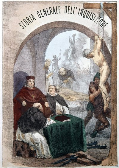 Pietro Tamburini The General History of the Inkvizíció címlapja a szimbolikus inkvizíció jeleneteit ábrázoló illusztrációval. Milánó 1850. alkotó: Unknown artist