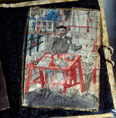 Luis Vaz de Camoes portugál költő, a Camoans (1525-1580) versgyűjteményének előlapja. A költő ott van börtönben. Lisszabon, Nemzeti Ókori Művészeti Múzeum alkotó: Unknown artist