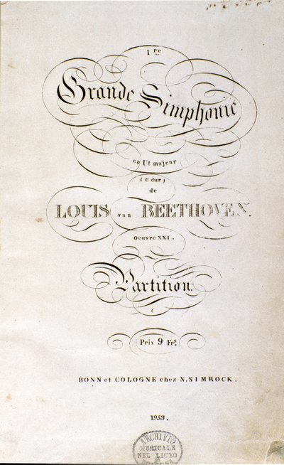 A n. szimfónia partitúrájának első német kiadásának előképe. Ludwig van Beethoven (1770-1827) (1799-1800) német zeneszerző 1. C-dúr. Bonn alkotó: Unknown artist