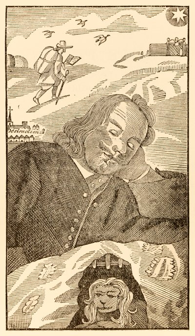 John Bunyan (1628-1688) A zarándokok előrehaladása ebből a világból, az eljövendőbe című frontképe, amely a szerzőt a bűne tudatától megterhelt zarándok keresztényről álmodja. alkotó: Unknown