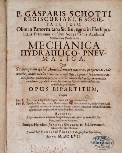 A Mechanica Hydraulico Pneumatica előlapja, Gaspar Schott alkotó: Unknown artist