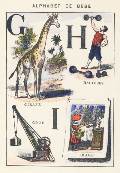 G H I: zsiráf, daru, súlyzók, kép alkotó: Unknown artist