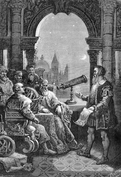 Galileo Galilei (Galileo) bemutatja az első csillagászati keretet a velencei dózsában. alkotó: Unknown artist
