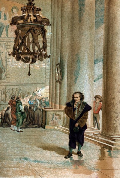 Galileo Galilei dit Galileo (1564 - 1642).a pisai székesegyház lámpájának oszcillációját figyelve. Louis Figuier „Tudomány és emberei” című Barcelona 1881-ből alkotó: Unknown artist