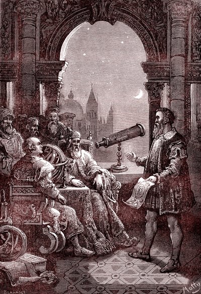 Galilei megmutatja az első távcsövet a velencei dózsának (metszet). alkotó: Unknown Artist