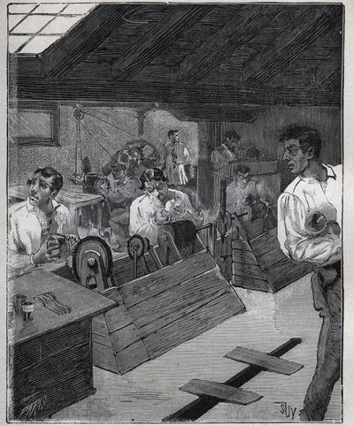 Galvanikus aranyozás: arany ékszerek kaparó-boessage kaparó-boesse-val. Metszet 1885-ből Adolphe BITARD „Les arts et metiers illustres” című könyvében. alkotó: Unknown artist