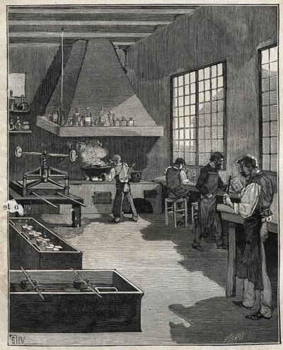 Galvanikus ötvös: öntőformák készítése. Metszet 1885-ből Adolphe BITARD „Les arts et metiers illustres” című könyvében. alkotó: Unknown artist