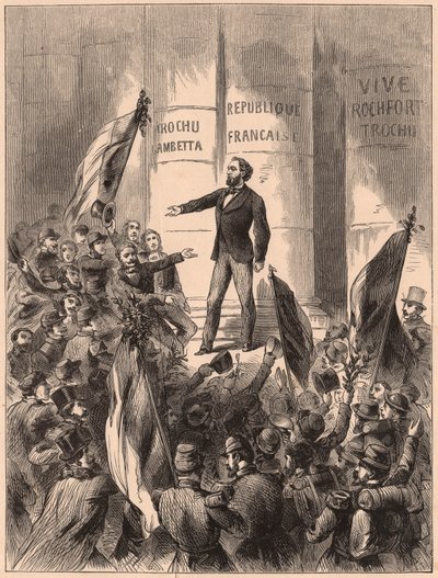 Gambetta a párizsi Hotel de Ville lépcsőjén, a köztársaság kikiáltása III. Napóleon elfogása után az 1870-es francia-porosz háborúban a sedani csatában alkotó: Unknown