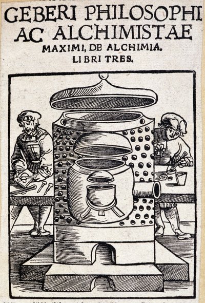 Geberi philosophi ac alchimistae egy alkímiai üzlet címlapja. Geber (v721-v815), arab alkimista alkotó: Unknown artist