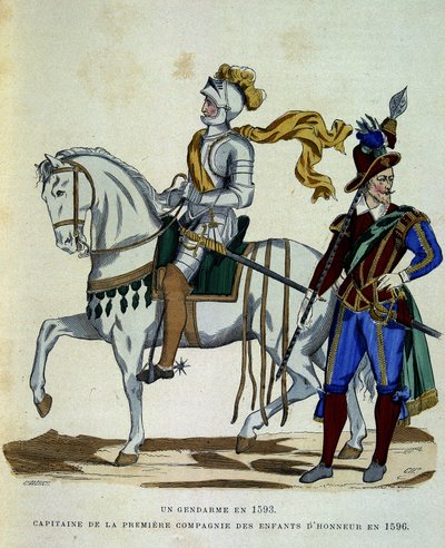 1593-ban csendőr, majd 1596-ban a díszgyermekek 1. századának kapitánya – Challamel „La France et les francais”-jában alkotó: Unknown artist