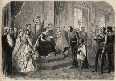 Robert Cornelis (Cornelius) Napier tábornok (1810-1890) bemutatta Leul Alemayehou Tewodrost (1861-1879), az etióp negusz II. Theodoros (Tewodros) fiát Victoria Iere királynőnek (1819-1901). Metszet a „The Universe illustrious”-ba alkotó: Unknown artist