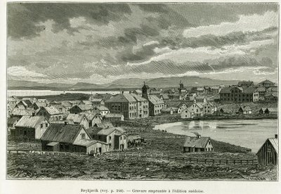 Reykjavik általános képe. Metszet a történet illusztrálására Nils Adolf Erik (Eric) báró Nordenskjold (Nordenskiold) (1832-1901) professzor új grönlandi expedíciója, Charles Rabot, a tour du monde 1886-ban, Edouard Char irányításával. alkotó: Unknown artist