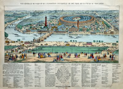 Az 1867-es párizsi világkiállítás általános képe. Alul: a Champ de Mars katonai iskola parkja. Metszet Párizs, Musee Carnavalet alkotó: Unknown artist