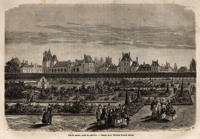 A Fontainebleau-i palota és kertek általános nézete a padlóról. Metszet a fontainebleau-i kastély és erdő leírásának illusztrálására, 1867-ben, M. Pays által, a „Le tour du monde, nouveau Journal des voyages” című kiadványban, amely a dire alatt jelent meg alkotó: Unknown artist
