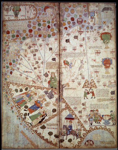 Földrajzi térkép: Kína, Gangesz-völgy, Szumátra, Ceylan. Katalán Atlasz (Katalán térkép) (Spanyolország). Abraham Cresques 1375-ös kézirata (Folio 2v - Folio 3). BN, Párizs alkotó: Unknown artist