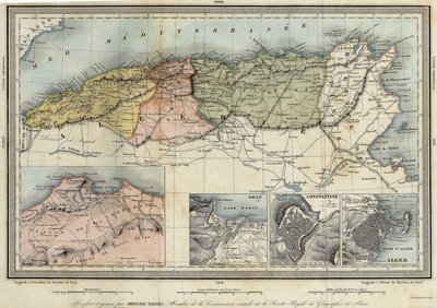 Algéria földrajzi térképe és Algír, Oran és Constantine tartomány részletei, Amboise Tardieu készítette alkotó: Unknown artist