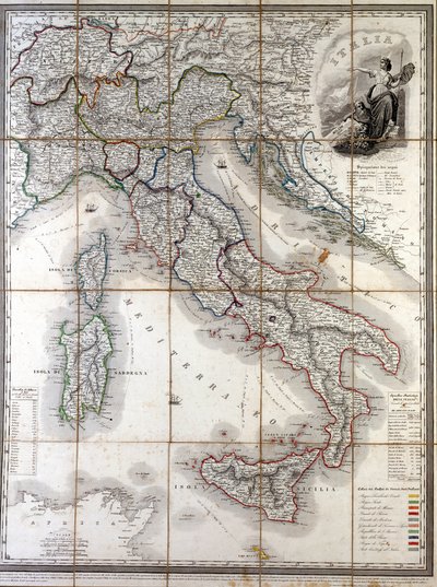 Olaszország 1850-es földrajzi térképe az országot alkotó különböző államok határainak lehatárolásával a Risorgimento előtt. alkotó: Unknown artist