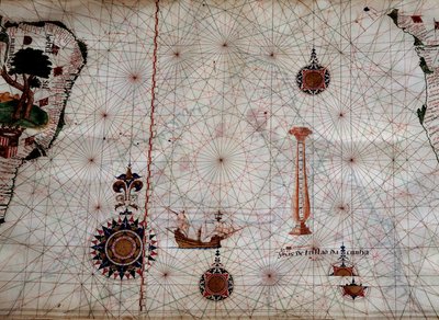 Földrajz: Luis Lazare (XVI. század) navigációs térképének részlete, amely a Tristan da Cunha szigetcsoport (vagy Tristan d