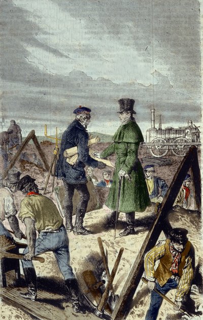 Georges Stephenson (1781-1848), angol mérnök, a Liverpool Manchester Road építője első mozdonyával. alkotó: Unknown artist