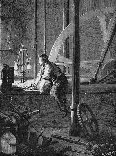 Georges Stephenson, egy sofőr munkás Newcastle-ben szétszereli és megjavítja a gőzgépét. In” Album de la Science”, Éditions Jouvet alkotó: Unknown artist