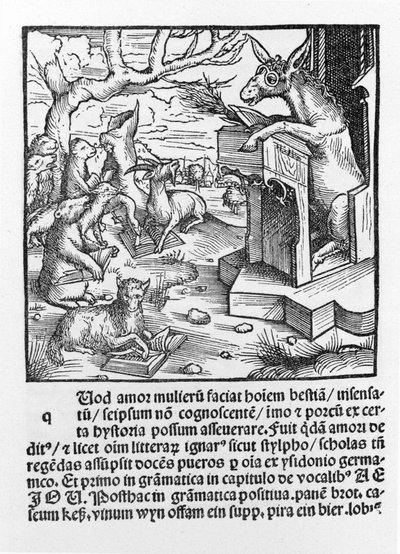 Német kérlelhetetlen, amely egy szamarat ábrázol, aki erdei állatokat tanít. 1490. alkotó: Unknown artist
