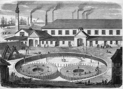 Glass Eiliot elektromos kábelgyár Greenwichben. A kábel feltekercselése a medencékben a „” the leviathan” hajón történő szállítás előtt”. Metszet 1865-ből. alkotó: Unknown artist