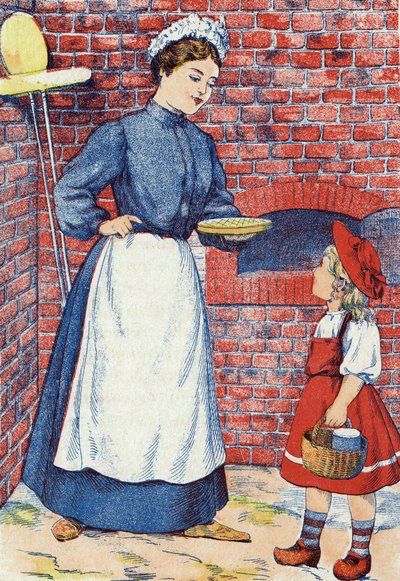 Menj, vidd el azt a süteményt és azt a fazék vajat a nagymamádnak. Névtelen illusztráció a „Piroska” című meséhez, Charles Perrault (1628-1703) francia írótól. Képek Marcel Vagne, Jarville Nancy, dátum nélküli (19. század vége). alkotó: Unknown artist