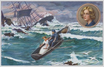 Grace Darling 1838-ban apjával együtt evez ki a Forfarshire nevű hajótörést szenvedett hajó túlélőinek megmentésére. (chromolitho) alkotó: Unknown artist