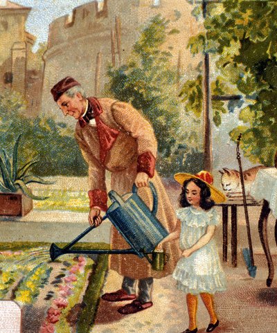 Nagyapa kertészkedik kislányával kromolitográfiával a 19. század végén alkotó: Unknown artist