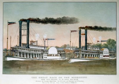 Nagy gőzhajóverseny a Mississippi folyón, New Orleanstól Saint Louisig (19. századi nyomtatvány) alkotó: Unknown artist