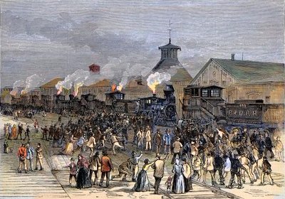 Nagy vasúti sztrájk 1877-ben, hajtóművek blokádja Martinsburgban, Nyugat-Virginia alkotó: Unknown artist