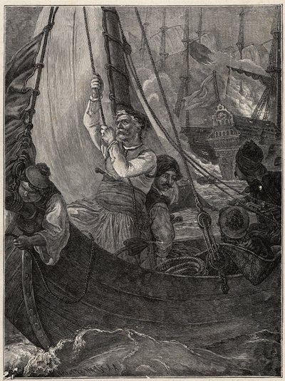 Görög függetlenségi háború 1821-1829: Konstantin (Konstantinos) Kanaris (Konstantinos Canaris) felgyújtotta a török flotta zászlóshajóját Khiosz előtt alkotó: Unknown artist