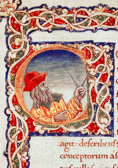 Claude Ptolemeus (Claudius Ptolemaeus) görög csillagász (i.sz. 90 körül – 168 körül) egy komppa segítségével számításokat végez. Miniatűr a „” Cosmographia”-ból” (Ms. V.F. 32 f.2r) Nápoly, Nemzeti Könyvtár alkotó: Unknown artist