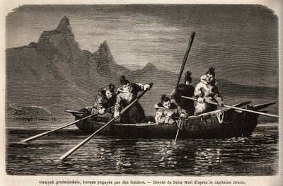 Grönlandi Umyak, nők által üzemeltetett hajótípus. Doctor Hayes, az Egyesült Államok haditengerészetének sebésze által 1860-1862-ben végzett metszet az Északi-sark szabadtengerére vezető utazás szemléltetésére, megjelent a „Le tour du monde, nouveau Journa alkotó: Unknown artist