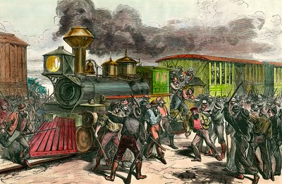 Greve a Baltimore-t összekötő vasútvonalon (Ohio állam) A munkások sofőröket és mérnököket üldöznek egy Baltimore-ba tartó vonatról. 1877 19. századi metszet Magángyűjtemény alkotó: Unknown artist