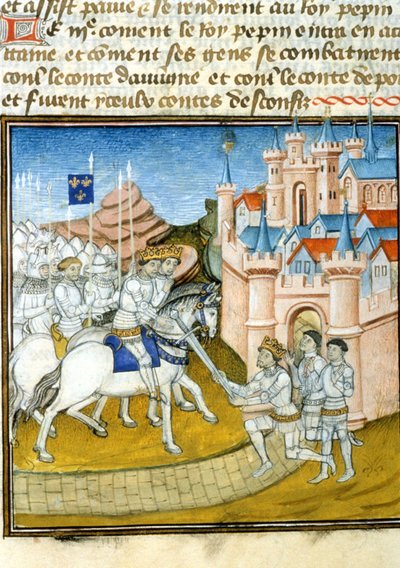 Griffon (Grippon) (kb. 726-753) Laon 741-es ostroma után fivéreihez, Pepin III-hoz, Pepin le Brief-ként (714-768) és Carlomanhoz (kb. 715-754) került. Miniatűr a "" Grandes Chroniques-ban de Saint-Denis” alkotó: Unknown artist