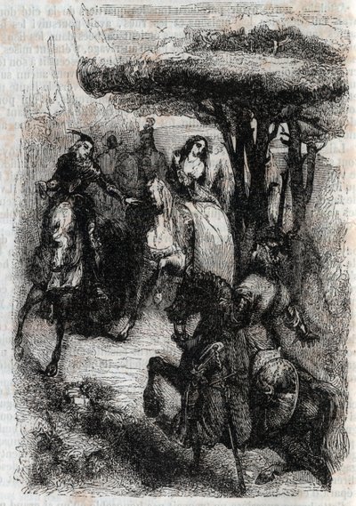 Griffon találkozik az Origille-vel – Ludovico Ariosto (Orlando furioso) 1851-es metszete a „" Furious Roland"-tól (Orlando furioso) (16. század), Ariosto néven ismert - Tressan gróf olasz nyelvről fordított kiadása, és Gustave Harvard adta ki 1851-ben. alkotó: Unknown artist
