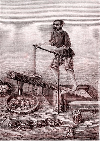 Bambuszdarabok őrlése és morzsolása, papírgyártás Kínában (Kr.e. 3. század) (metszet) alkotó: Unknown Artist