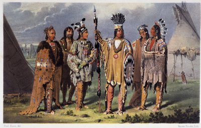 Hat indián törzsfőnök csoportja – Paul Kane, Longmans & Roberts, London „Egy művész vándorlása észak-amerikai indiánok között” című filmjében alkotó: Unknown artist